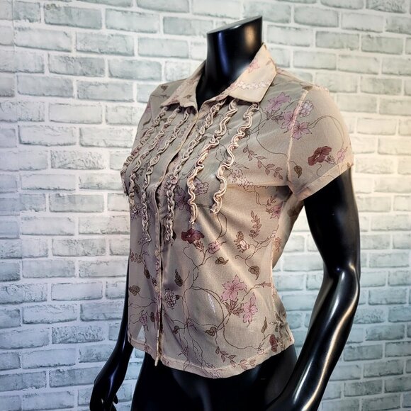 Vintage 90s Y2K The Limited Sheer Tan Pink Floral Ruffle Pintucked Button Front - Picture 4 of 9